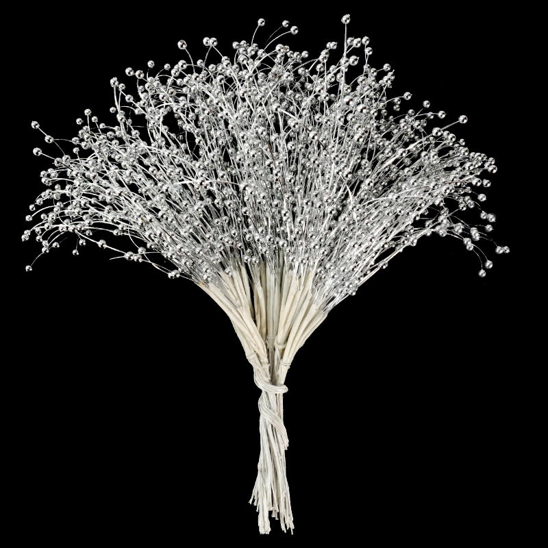 JUXINGDAZYF 100pcs Beaded Stick Bride Wedding Pearl Bouquet Party Decoration, 4mm String Pearl Sticks Vase Filler, Christmas Tree Picks and Sprays, Artificial Flowers Pampas Grass Bouquet Accessories(Silver) - Image 1